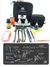 Load image into Gallery viewer, RangeMaster Elite EDC Bag Gun Cleaning Kit- Compatible for S&amp;W M&amp;P - Instructional Step by Step Pistol Mat with Hoppes Gun Oil No.9 Solvent &amp; Patches Clenzoil CLP 10 Pc Cleaning Accessories Set