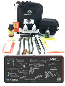 RangeMaster Elite EDC Bag Gun Cleaning Kit- Compatible for S&W M&P - Instructional Step by Step Pistol Mat with Hoppes Gun Oil No.9 Solvent & Patches Clenzoil CLP 10 Pc Cleaning Accessories Set