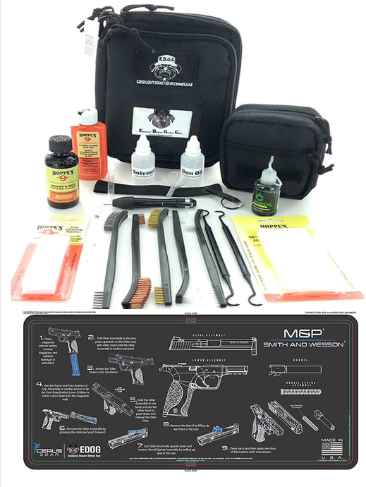 RangeMaster Elite EDC Bag Gun Cleaning Kit- Compatible for S&W M&P - Instructional Step by Step Pistol Mat with Hoppes Gun Oil No.9 Solvent & Patches Clenzoil CLP 10 Pc Cleaning Accessories Set