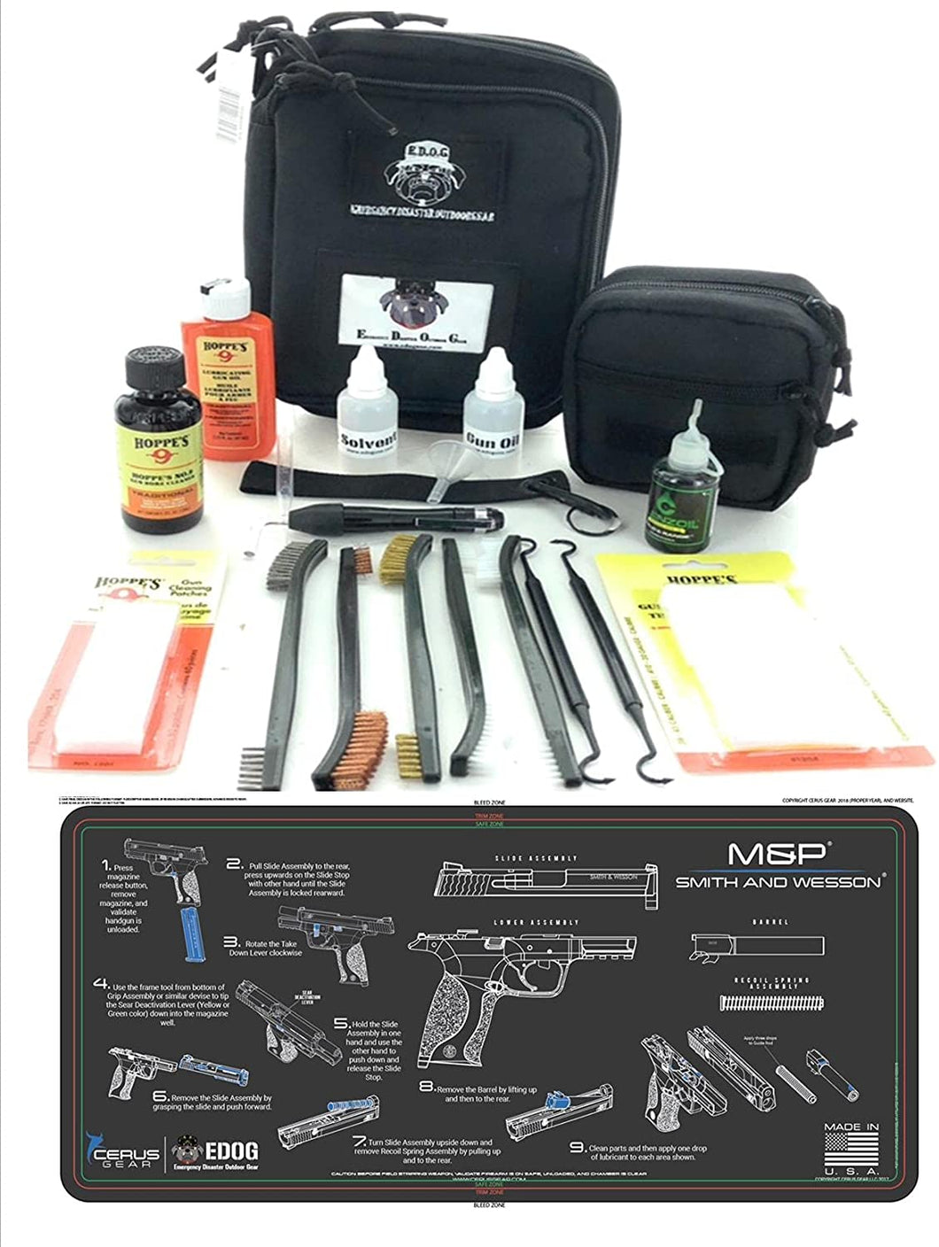 RangeMaster Elite EDC Bag Gun Cleaning Kit- Compatible for S&W M&P - Instructional Step by Step Pistol Mat with Hoppes Gun Oil No.9 Solvent & Patches Clenzoil CLP 10 Pc Cleaning Accessories Set