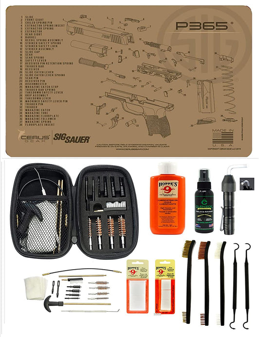 EDOG USA BANDIT 29 Pc Pistol Cleaning System - Compatible with Sig Sauer P365 Tan Flat Dark Earth - Schematic (Exploded View) Mat, Warrior Universal .22 9mm - .45 Kit & Clenzoil CLP & Hoppes Gun Oil & Patchs