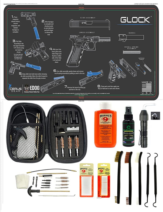 EDOG USA BANDIT 29 Pc Pistol Cleaning System - Compatible with All Glock Pistols - Tan Instructional Step by Step Pistol Mat, Range Warrior Universal .22 9mm - .45 Kit & Clenzoil CLP & Hoppes Gun Oil & Patchs