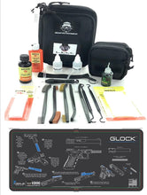 Load image into Gallery viewer, RangeMaster Elite EDC Bag Gun Cleaning Kit- Compatible for All Glock Pistols - Instructional Step by Step Mat with Hoppes Gun Oil No.9 Solvent &amp; Patch Clenzoil CLP 10 Pc Cleaning Accessories Set