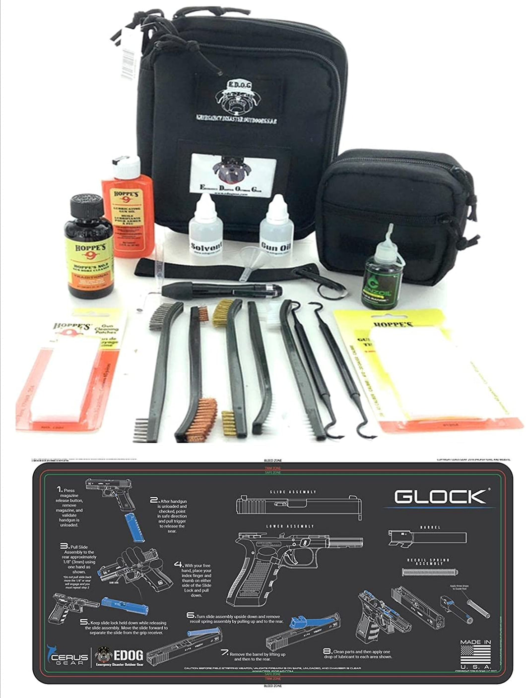 RangeMaster Elite EDC Bag Gun Cleaning Kit- Compatible for All Glock Pistols - Instructional Step by Step Mat with Hoppes Gun Oil No.9 Solvent & Patch Clenzoil CLP 10 Pc Cleaning Accessories Set
