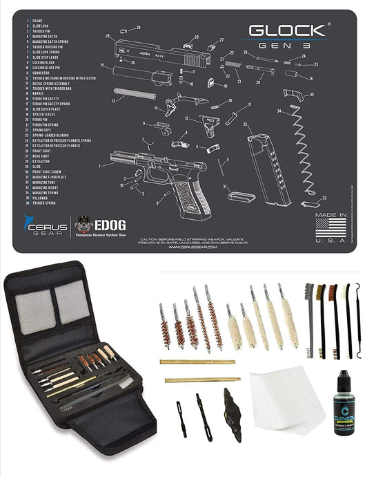 EDOG Gunslinger 20 PC Gun Cleaning Kit - Pistol Mat Compatible with Gen 3 - Schematic (Exploded View) Mat, Gunslinger Universal .22 .38 .357 9mm .40 & .45 Caliber Kit
