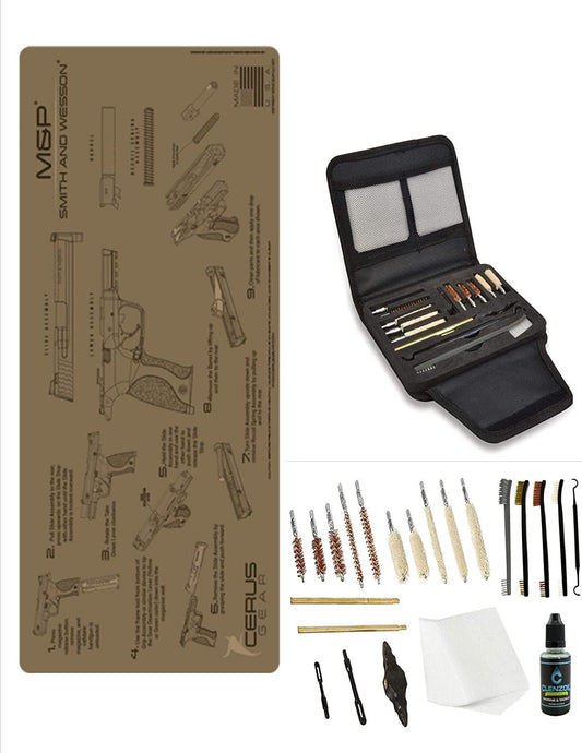 EDOG Gunslinger 20 PC Gun Cleaning Kit - Pistol Mat Compatible with S&W M&P - Tan Instructional - Instructional Step by Step Pistol Mat, Gunslinger Universal .22 .38 .357 9mm .40 & .45 Caliber Kit