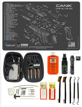 Load image into Gallery viewer, EDOG USA BANDIT 29 Pc Pistol Cleaning System - Compatible with Canik TP9 Elite SC - Schematic (Exploded View) Mat, Range Warrior Universal .22 9mm - .45 Kit &amp; Clenzoil CLP &amp; Hoppes Gun Oil &amp; Patchs