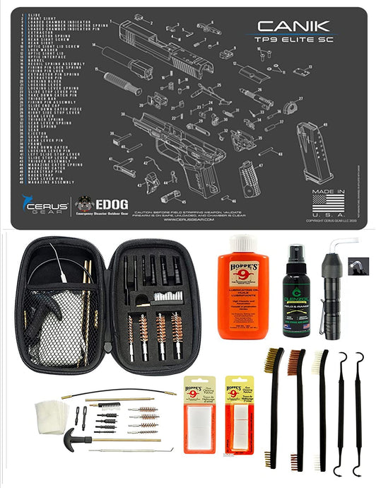 EDOG USA BANDIT 29 Pc Pistol Cleaning System - Compatible with Canik TP9 Elite SC - Schematic (Exploded View) Mat, Range Warrior Universal .22 9mm - .45 Kit & Clenzoil CLP & Hoppes Gun Oil & Patchs