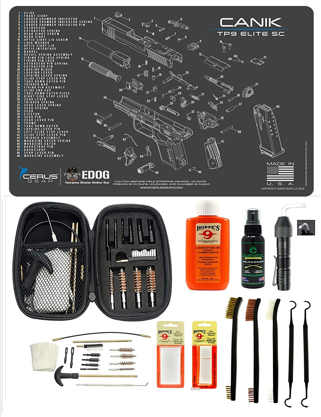 EDOG USA BANDIT 29 Pc Pistol Cleaning System - Compatible with Canik TP9 Elite SC - Schematic (Exploded View) Mat, Range Warrior Universal .22 9mm - .45 Kit & Clenzoil CLP & Hoppes Gun Oil & Patchs