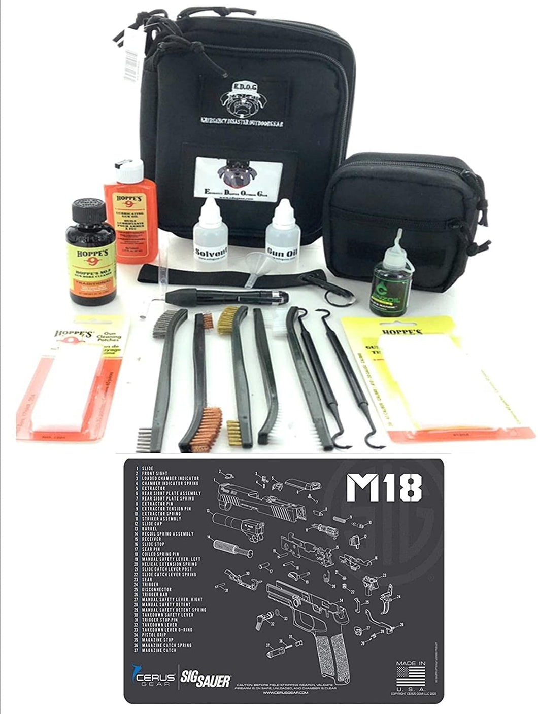 RangeMaster Elite EDC Bag Gun Cleaning Kit- Compatible for Sig Sauer M18 - Schematic Mat (Exploded View) with Hoppes Gun Oil No.9 Solvent & Patches Clenzoil CLP 10 Pc Cleaning Accessories Set