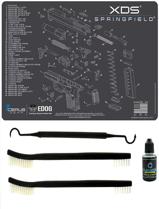 Springfield Armory XDs 5 PC EDOG Cerus Gear Schematic Exploded View Heavy Duty Pistol Cleaning 12x17 Padded Gun-Work Surface Protector Mat Solvent & Oil Resistant & 3 PC Cleaning Essentials & Clenzoil