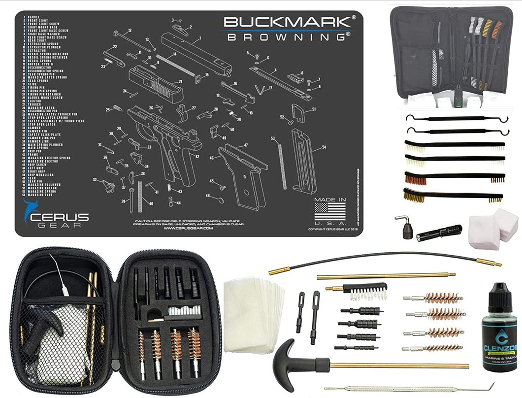 EDOG Premier 30 Pc Gun Cleaning System - Compatible with Browning Buckmark - Schematic (Exploded View) Mat, Range Warrior Universal .22 9mm - .45 Kit & Tac Book Accessories Set
