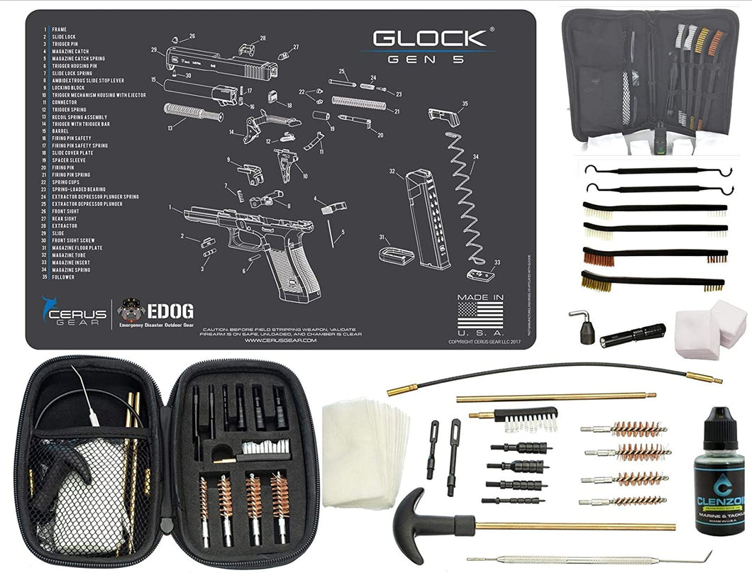 EDOG Premier 30 Pc Gun Cleaning System - Compatible with Gen 5 - Schematic (Exploded View) Mat, Range Warrior Universal .22 9mm - .45 Kit & Tac Book Accessories Set