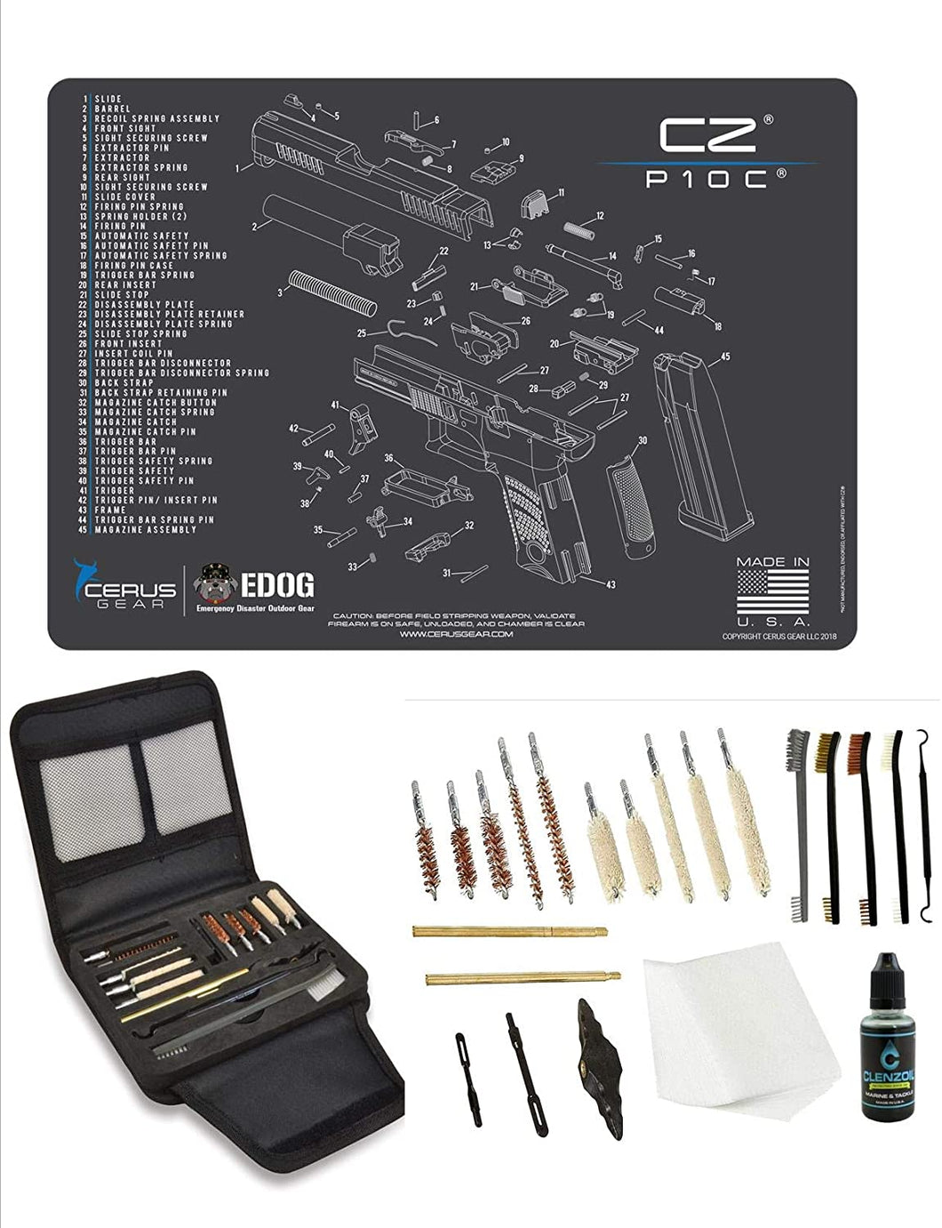 EDOG Gunslinger 20 PC Gun Cleaning Kit - Pistol Mat Compatible with CZ P-10C - Schematic (Exploded View) Mat, Gunslinger Universal .22 .38 .357 9mm .40 & .45 Caliber Kit