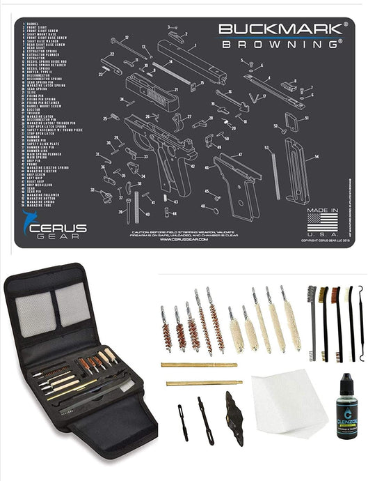 EDOG Gunslinger 20 PC Gun Cleaning Kit - Pistol Mat Compatible with Browning Buckmark - Schematic (Exploded View) Mat, Gunslinger Universal .22 .38 .357 9mm .40 & .45 Caliber Kit