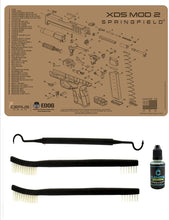 Load image into Gallery viewer, EDOG XDs Mod 2 Tan Flat Dark Earth 5 PC Schematic (Exploded View) Heavy Duty Pistol Cleaning 12x17 Padded Gun-Work Surface Protector Mat Solvent &amp; Oil Resistant &amp; 3 PC Cleaning Essentials &amp; Clenzoil