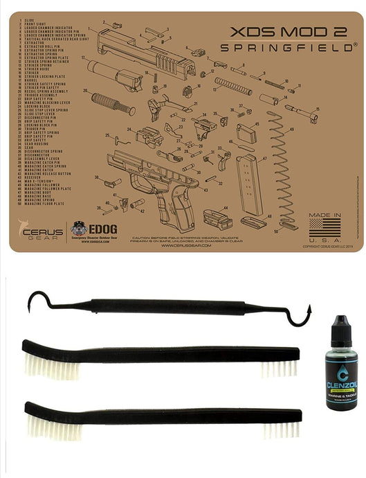 EDOG XDs Mod 2 Tan Flat Dark Earth 5 PC Schematic (Exploded View) Heavy Duty Pistol Cleaning 12x17 Padded Gun-Work Surface Protector Mat Solvent & Oil Resistant & 3 PC Cleaning Essentials & Clenzoil