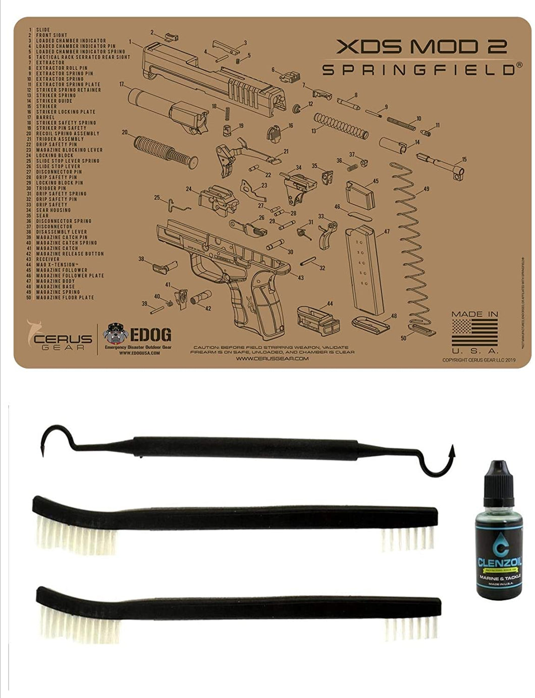 EDOG XDs Mod 2 Tan Flat Dark Earth 5 PC Schematic (Exploded View) Heavy Duty Pistol Cleaning 12x17 Padded Gun-Work Surface Protector Mat Solvent & Oil Resistant & 3 PC Cleaning Essentials & Clenzoil