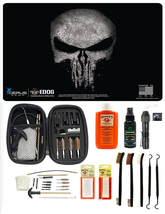 EDOG USA BANDIT 29 Pc Pistol Cleaning System -Featuring The Reaper Distressed Mat, Range Warrior Universal .22 9mm - .45 Kit & Clenzoil CLP & Hoppes Gun Oil & Patchs