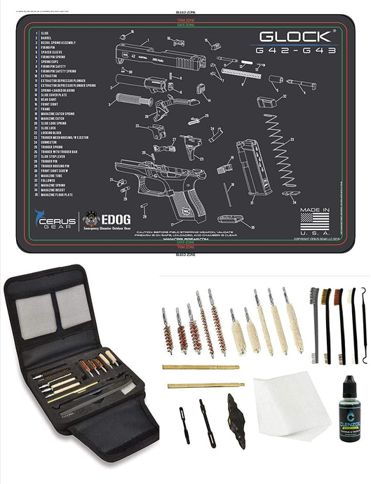 EDOG Gunslinger 20 PC Gun Cleaning Kit - Pistol Mat Compatible with G42 / G43 - Schematic (Exploded View) Mat, Gunslinger Universal .22 .38 .357 9mm .40 & .45 Caliber Kit