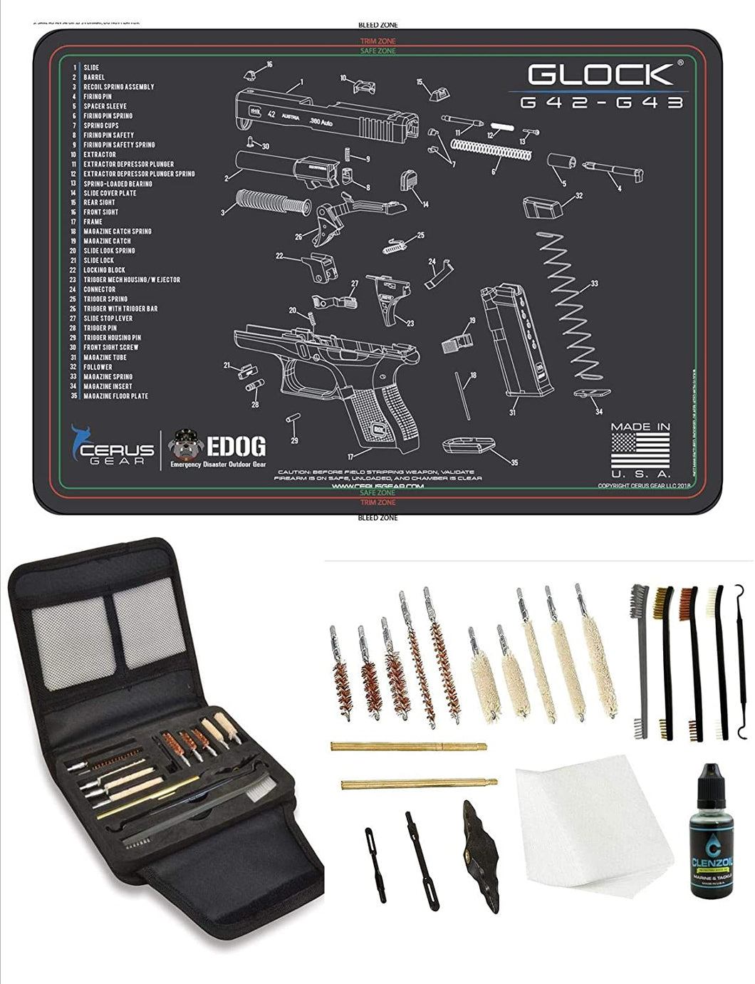 EDOG Gunslinger 20 PC Gun Cleaning Kit - Pistol Mat Compatible with G42 / G43 - Schematic (Exploded View) Mat, Gunslinger Universal .22 .38 .357 9mm .40 & .45 Caliber Kit