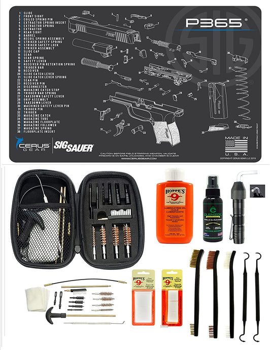 EDOG USA BANDIT 29 Pc Pistol Cleaning System - Compatible with Sig Sauer P365 Pistol - Schematic (Exploded View) Mat, Range Warrior Universal .22 9mm - .45 Kit & Clenzoil CLP & Hoppes Gun Oil & Patchs