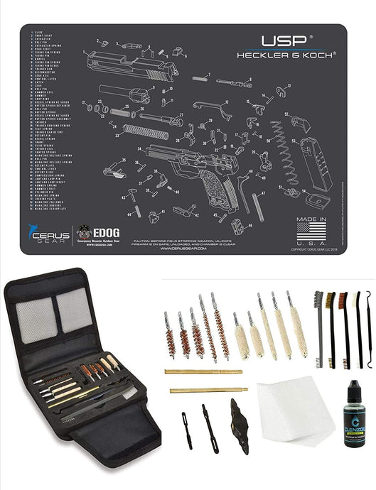 EDOG Gunslinger 20 PC Gun Cleaning Kit - Pistol Mat Compatible with Heckler & Koch HK USP Schematic (Exploded View) Mat, Gunslinger Universal .22 .38 .357 9mm .40 & .45 Caliber Kit