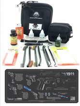Load image into Gallery viewer, RangeMaster Elite EDC Bag Gun Cleaning Kit- Compatible for 1911 - Instructional Step by Step Pistol Mat with Hoppes Gun Oil No.9 Solvent &amp; Patches Clenzoil CLP 10 Pc Cleaning Accessories Set