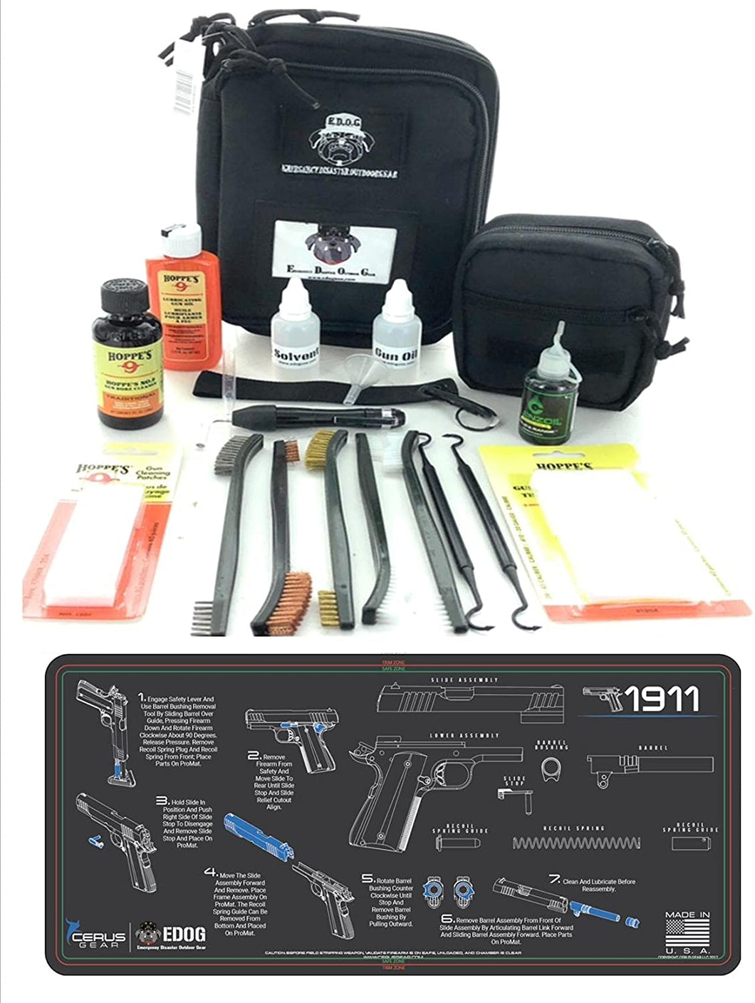 RangeMaster Elite EDC Bag Gun Cleaning Kit- Compatible for 1911 - Instructional Step by Step Pistol Mat with Hoppes Gun Oil No.9 Solvent & Patches Clenzoil CLP 10 Pc Cleaning Accessories Set
