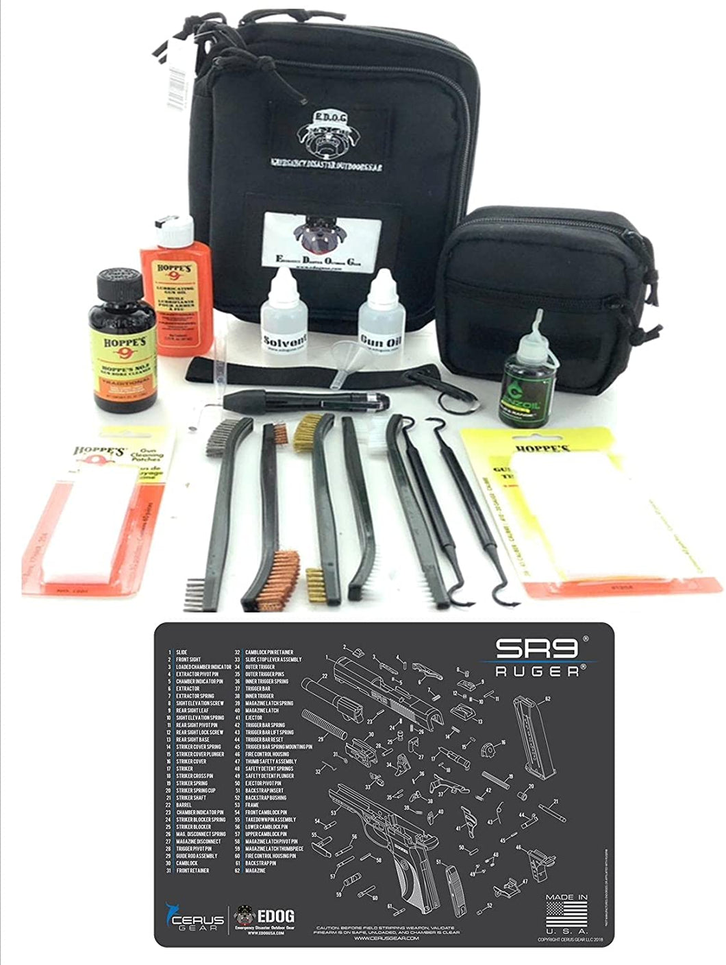 RangeMaster Elite EDC Bag Gun Cleaning Kit- Compatible for Ruger SR9 - Schematic Mat (Exploded View) with Hoppes Gun Oil No.9 Solvent & Patches Clenzoil CLP 10 Pc Cleaning Accessories Set