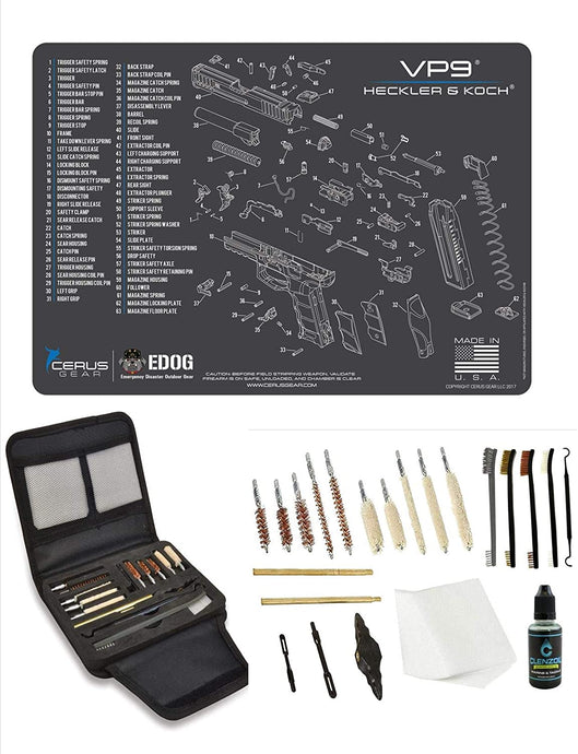 EDOG Gunslinger 20 PC Gun Cleaning Kit - Pistol Mat Compatible with Heckler & Koch HK VP9 - Schematic (Exploded View) Mat, Gunslinger Universal .22 .38 .357 9mm .40 & .45 Caliber Kit