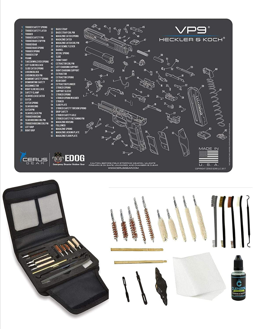 EDOG Gunslinger 20 PC Gun Cleaning Kit - Pistol Mat Compatible with Heckler & Koch HK VP9 - Schematic (Exploded View) Mat, Gunslinger Universal .22 .38 .357 9mm .40 & .45 Caliber Kit