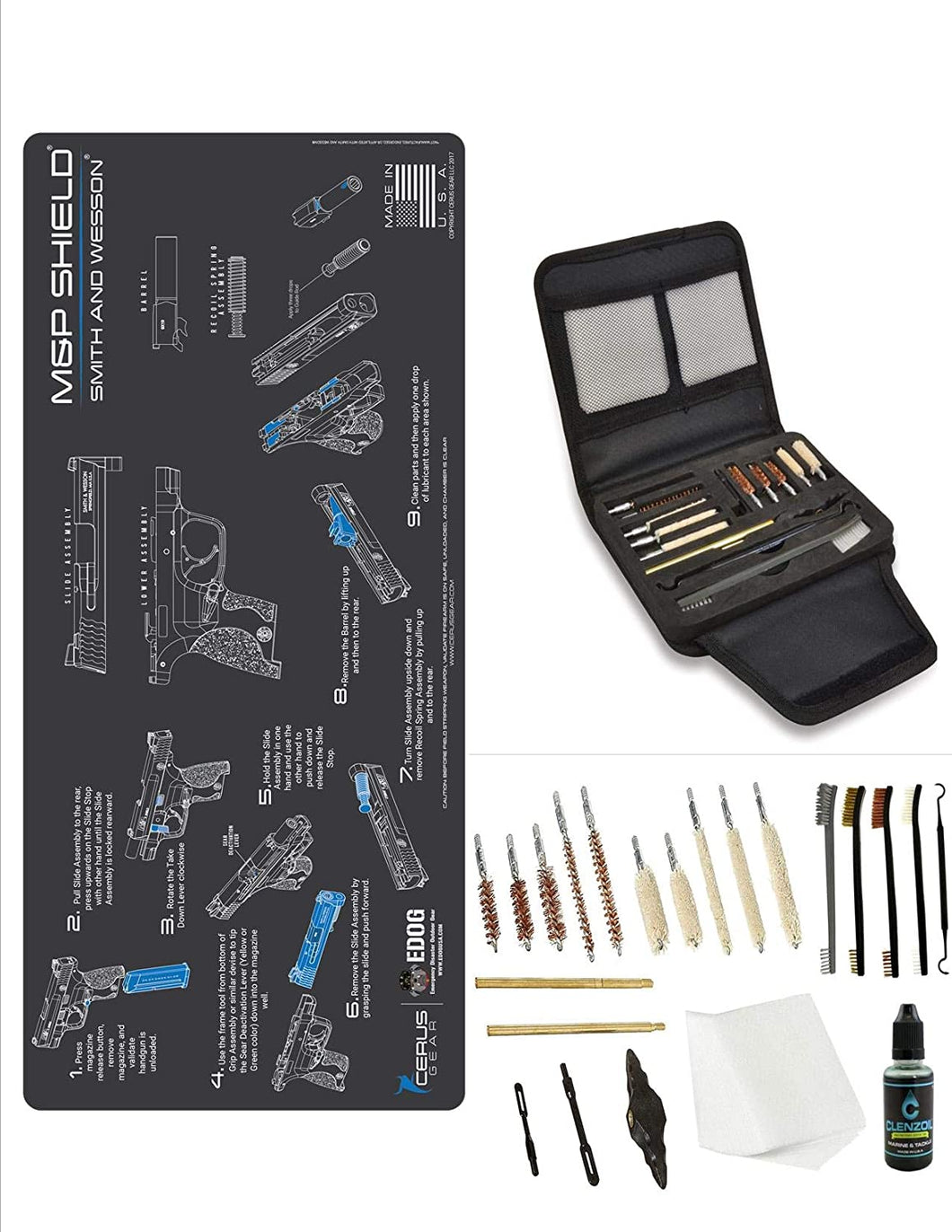 EDOG Gunslinger 20 PC Gun Cleaning Kit - Pistol Mat Compatible with S&W M&P Shield - Instructional Step by Step Pistol Mat, Gunslinger Universal .22 .38 .357 9mm .40 & .45 Caliber Kit