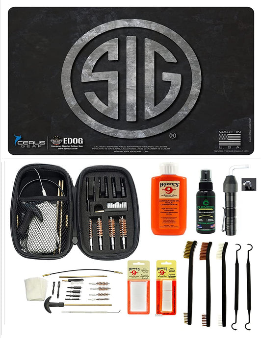 EDOG USA BANDIT 29 Pc Pistol Cleaning System - Compatible with Sig Sauer Pistols - Sig Logo Mat, Range Warrior Universal .22 9mm - .45 Kit & Clenzoil CLP & Hoppes Gun Oil & Patchs