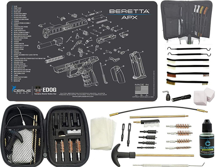 EDOG Premier 30 Pc Gun Cleaning System - Compatible with Beretta APX - Schematic (Exploded View) Mat, Range Warrior Universal .22 9mm - .45 Kit & Tac Book Accessories Set