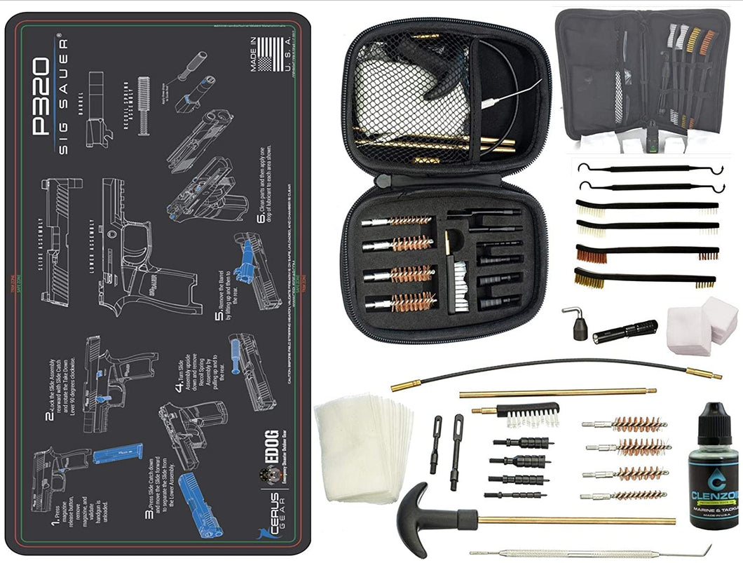 EDOG Premier 30 Pc Gun Cleaning System - Compatible with Sig P320 - Instructional Step by Step Pistol Mat, Range Warrior Universal .22 9mm - .45 Kit & Tac Book Accessories Set