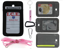 Load image into Gallery viewer, EDOG I.C.E. Lost Child &amp; Medical Alert Parent Locator Neck Wallet | Lanyard | Key Chain | Carabiner | I.C.E. Cards | Leather | Emergency Contacts | Medical | Allergy | Meds | Language