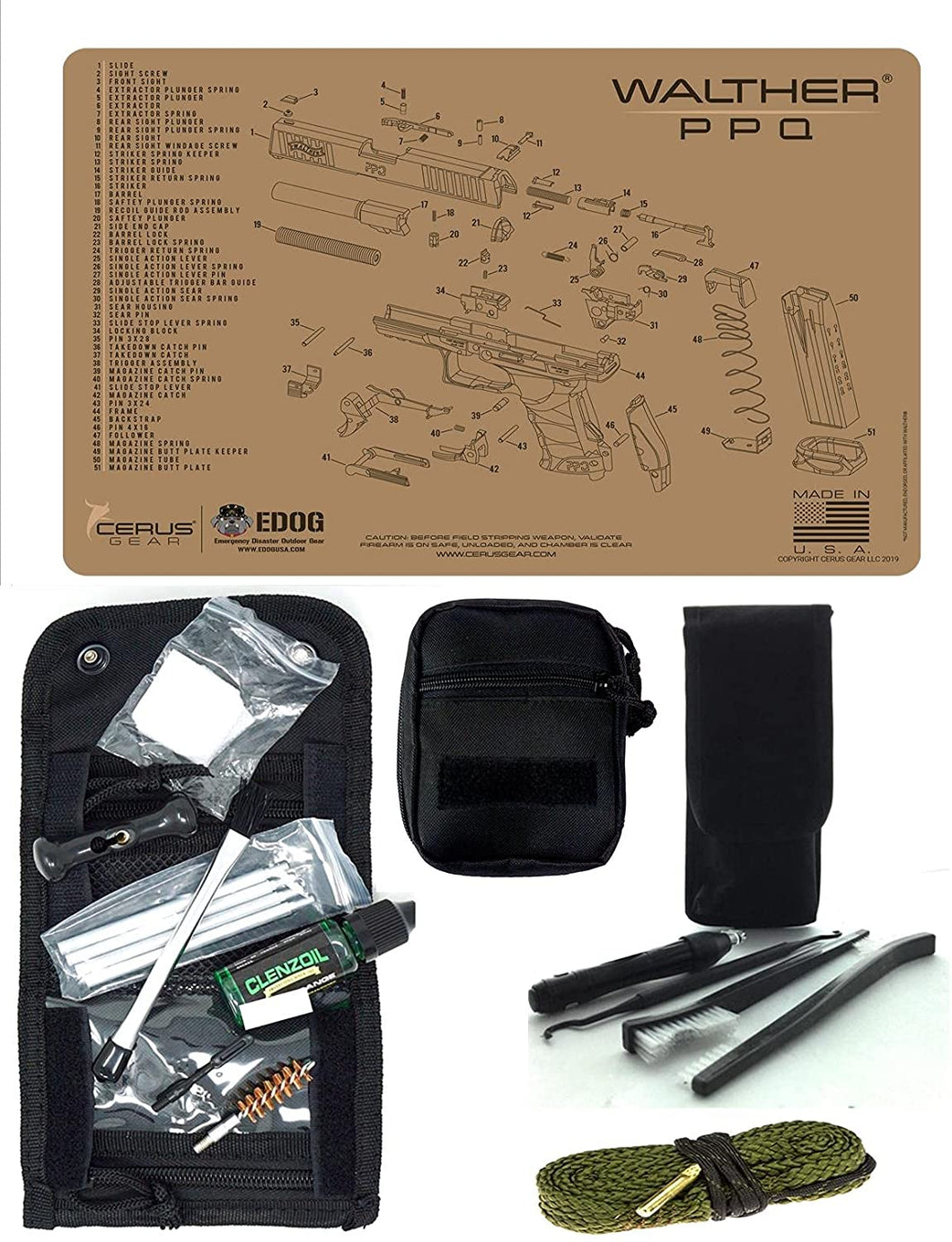 EDOG USA Pistolero 14 Pc .40 / .45 Caliber Gun Cleaning Kit - Compatible for Walther PPQ - Tan - Schematic (Exploded View) Mat, Pistolero Caliber Specific 40 & 45