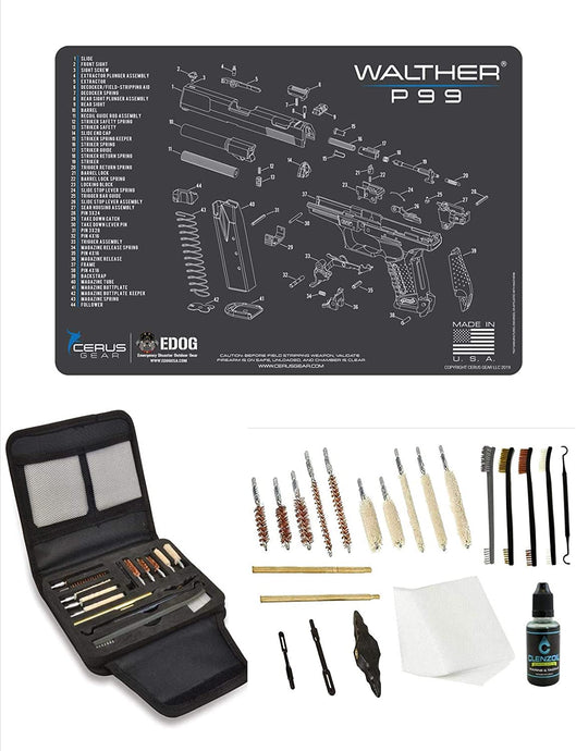 EDOG Gunslinger 20 PC Gun Cleaning Kit - Pistol Mat Compatible with Walther P99 - Schematic (Exploded View) Mat, Gunslinger Universal .22 .38 .357 9mm .40 & .45 Caliber Kit