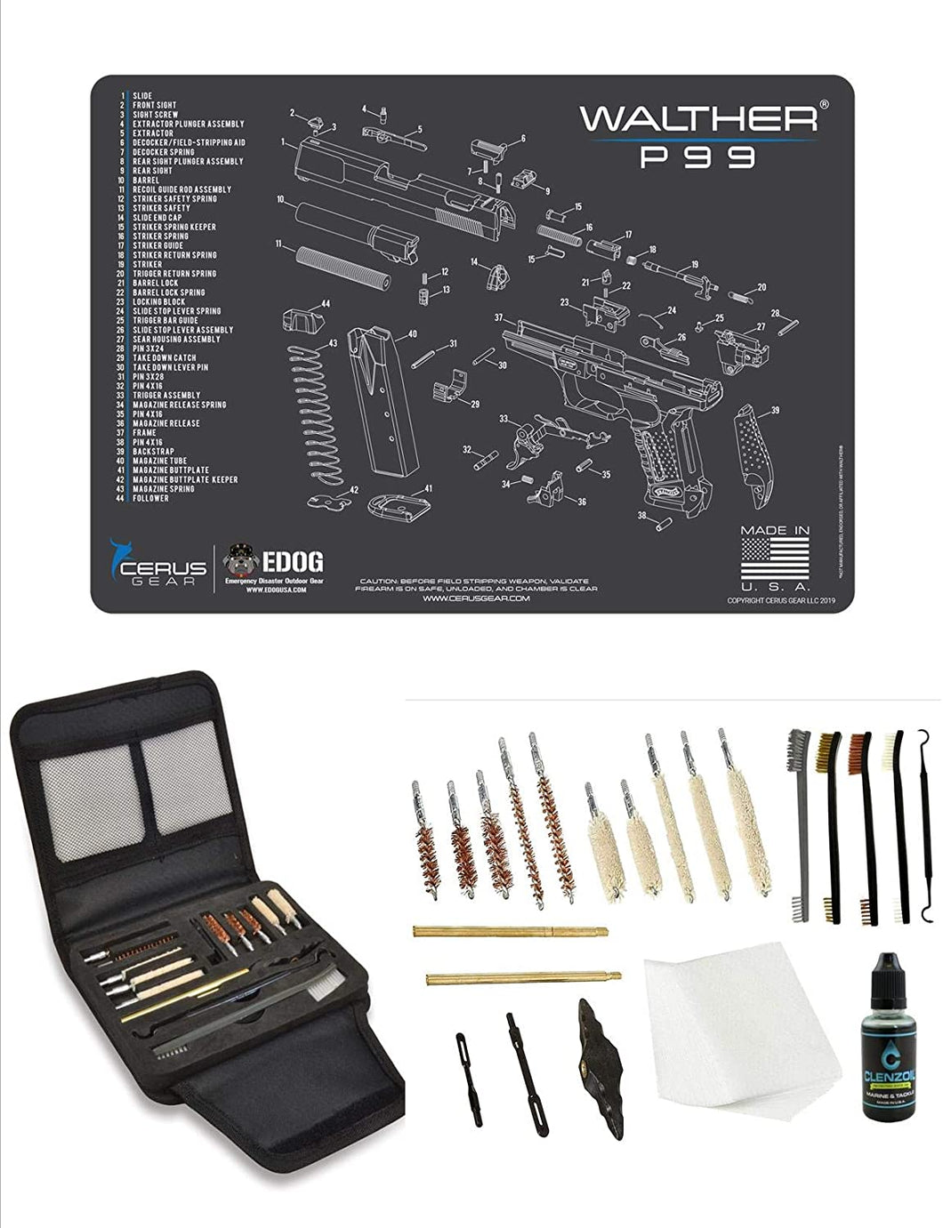 EDOG Gunslinger 20 PC Gun Cleaning Kit - Pistol Mat Compatible with Walther P99 - Schematic (Exploded View) Mat, Gunslinger Universal .22 .38 .357 9mm .40 & .45 Caliber Kit