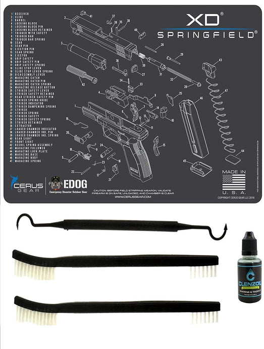 EDOG Springfield Armory XD 5 PC Cerus Gear Schematic Exploded View Heavy Duty Pistol Cleaning 12x17 Padded Gun-Work Surface Protector Mat Solvent & Oil Resistant & 3 PC Cleaning Essentials & Clenzoil