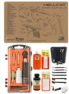 EDOG USA Outlaw 28 Pc Pistol Cleaning Kit - Compatible for Springfield Armory Hellcat - Tan - Schematic (Exploded View) Mat, Calibers 9MM to .45 & Tac Pak Pistol Cleaning Essentials Kit