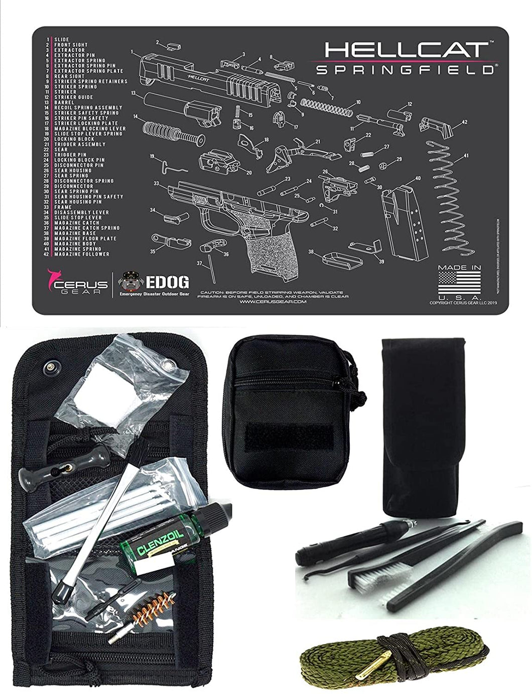 EDOG USA Pistolero 14 Pc 9MM.38 & .357 Pc Gun Cleaning Kit - Compatible for Springfield Armory Hellcat - Ladies Pink Trim Schematic (Exploded View) Mat, Pistolero Caliber Specific 9 MM, 38 & 357