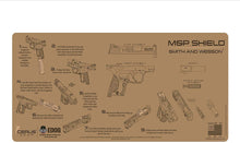 Load image into Gallery viewer, RangeMaster Elite EDC Bag Gun Cleaning Kit- Compatible for S&amp;W M&amp;P Shield Tan Instructional Step by Step Mat with Hoppes Gun Oil No.9 Solvent &amp; Patchs Clenzoil CLP 10 Pc Cleaning Accessories Set