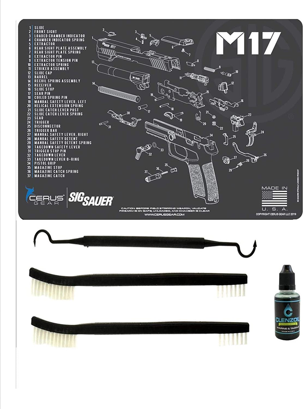 EDOG SIG M17 5 PC Cerus Gear Schematic (Exploded View) Heavy Duty Pistol Cleaning 12x17 Padded Gun-Work Surface Protector Mat Solvent & Oil Resistant & 3 PC Cleaning Essentials & Clenzoil