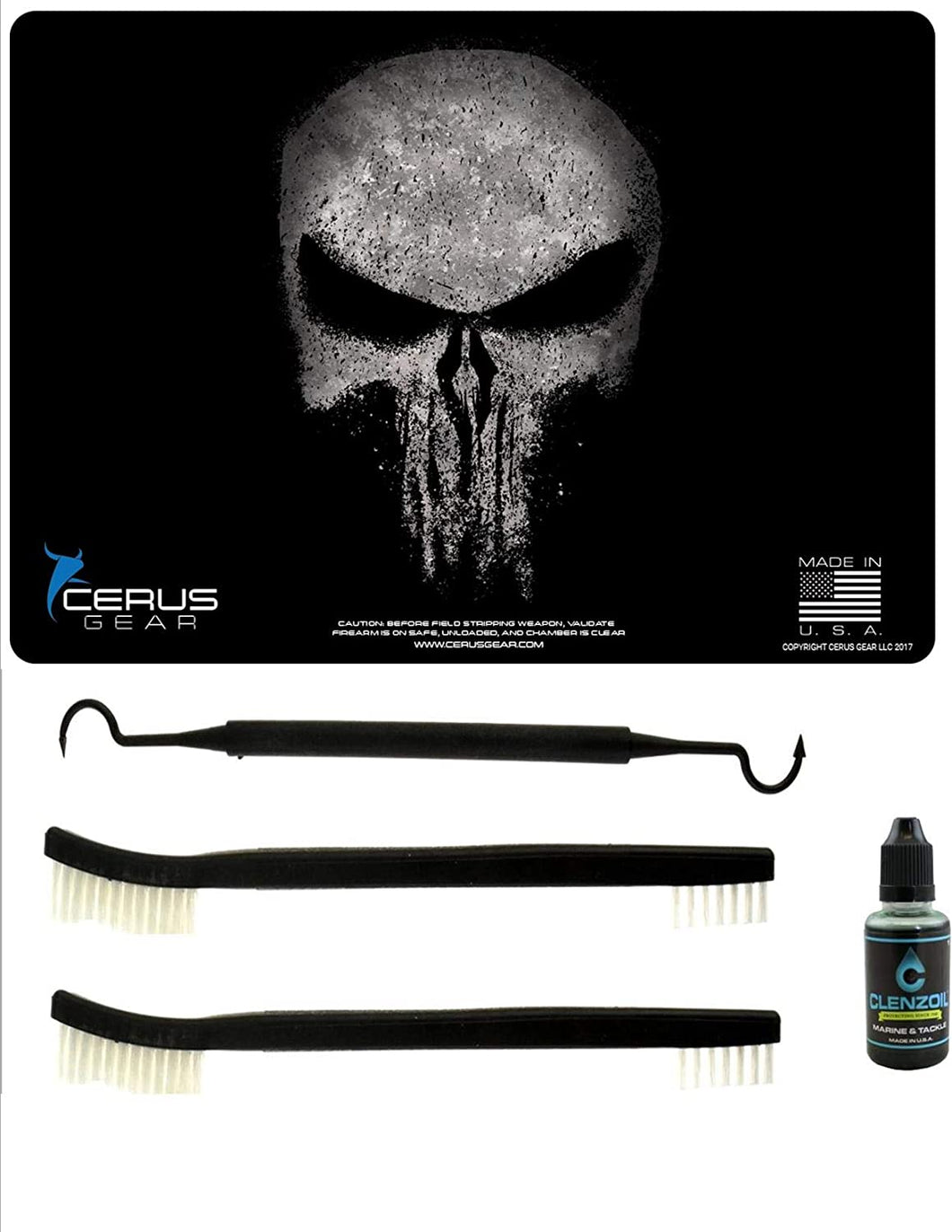 EDOG The Reaper Distresse 5 PC Cerus Gear Heavy Duty Pistol Cleaning 12x17 Padded Gun-Work Surface Protector Mat Solvent & Oil Resistant & 3 PC Cleaning Essentials & Clenzoil, Made in The USA