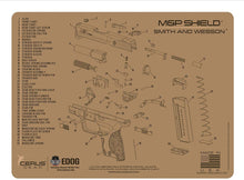 Load image into Gallery viewer, RangeMaster Elite EDC Bag Gun Cleaning Kit- Compatible for S&amp;W M&amp;P Shield Tan - Schematic Mat (Exploded View) with Hoppes Gun Oil No.9 Solvent &amp; Patches Clenzoil CLP 10 Pc Cleaning Accessories Set
