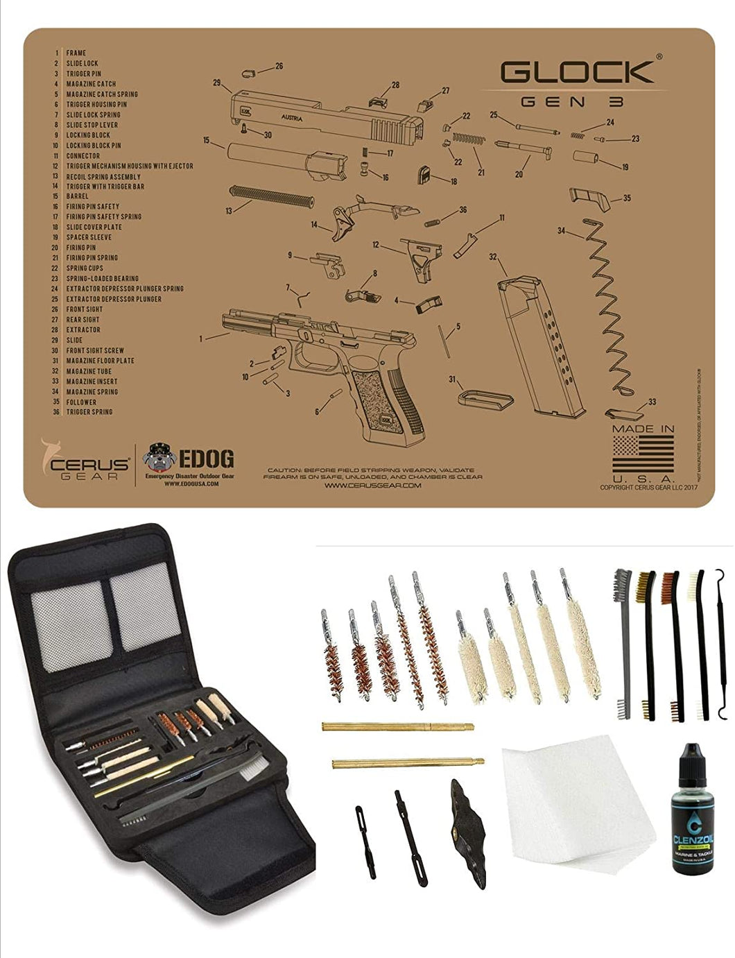 EDOG Gunslinger 20 PC Gun Cleaning Kit - Pistol Mat Compatible with Glock Gen3 - Schematic (Exploded View) Mat, Gunslinger Universal .22 .38 .357 9mm .40 & .45 Caliber Kit - Tan