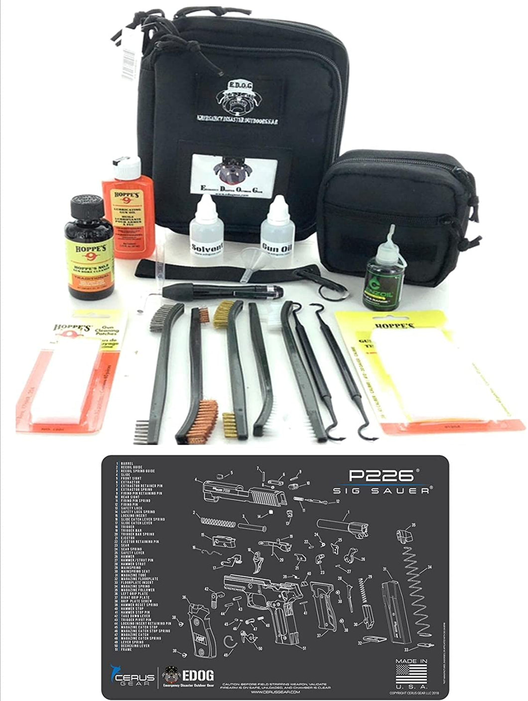 RangeMaster Elite EDC Bag Gun Cleaning Kit- Compatible for Sig P226 - Schematic Mat (Exploded View) with Hoppes Gun Oil No.9 Solvent & Patches Clenzoil CLP 10 Pc Cleaning Accessories Set