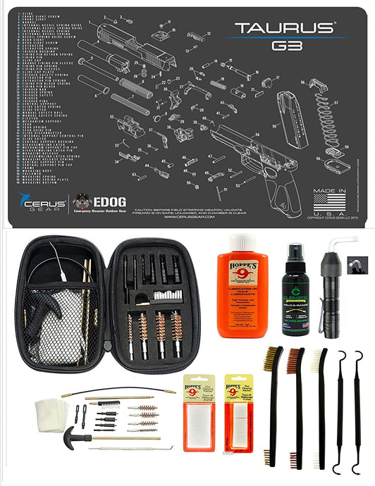 EDOG USA BANDIT 29 Pc Pistol Cleaning System - Compatible with Taurus G3 - Schematic (Exploded View) Mat, Range Warrior Universal .22 9mm - .45 Kit & Clenzoil CLP & Hoppes Gun Oil & Patchs